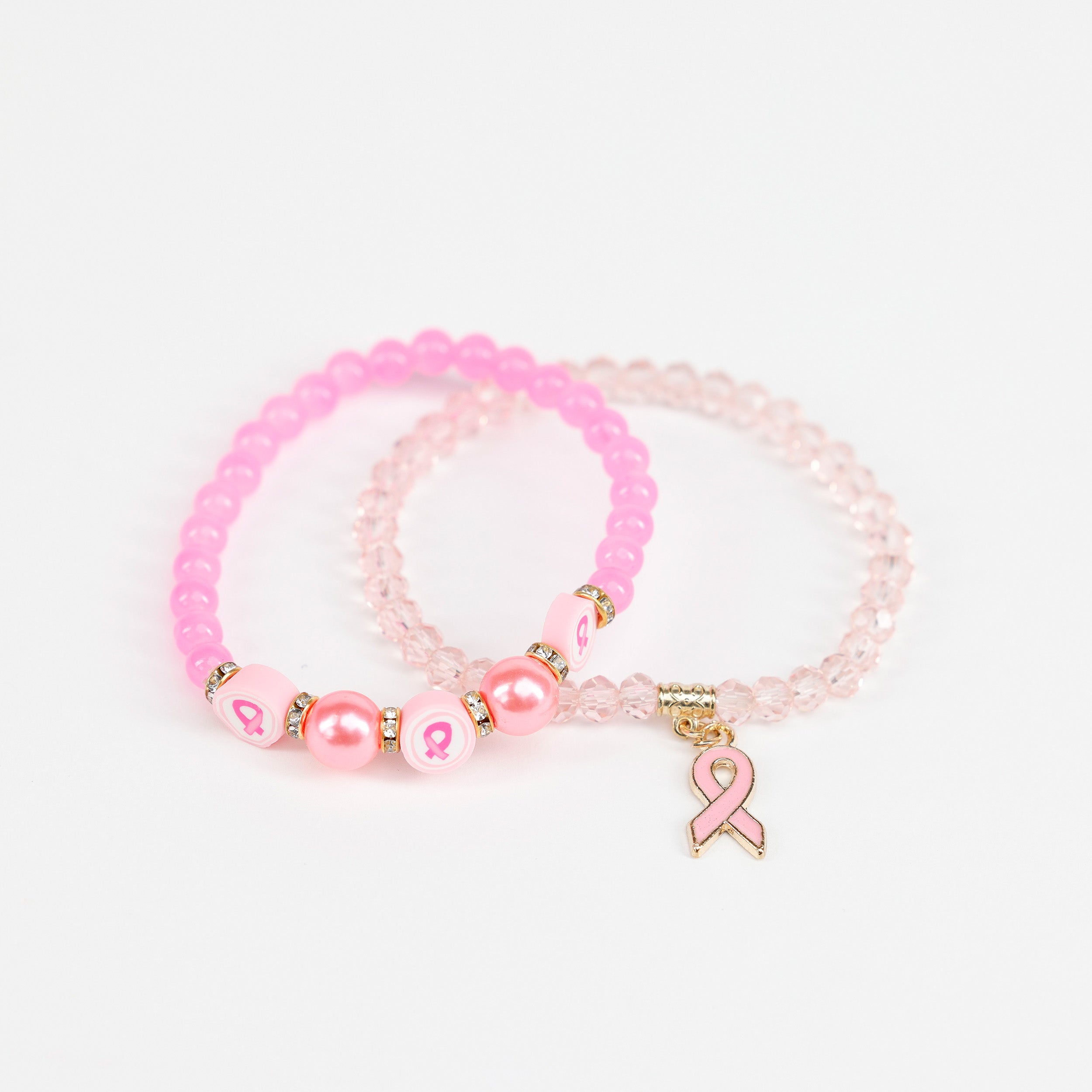 Pink Ribbon Charm Beaded Stretch Bracelets - Set of 2 - NBCF