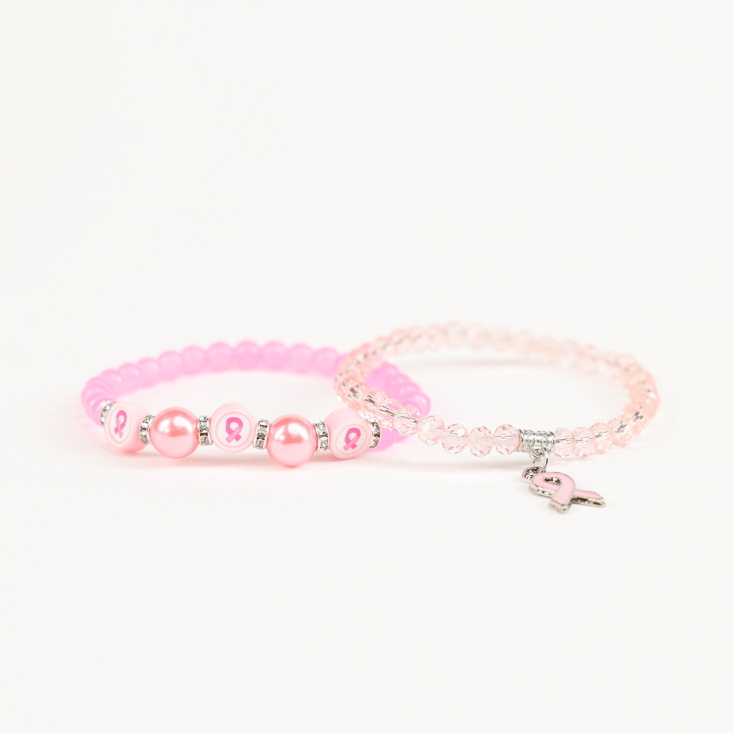 Pink Ribbon Charm Beaded Stretch Bracelets - Set of 2 - NBCF