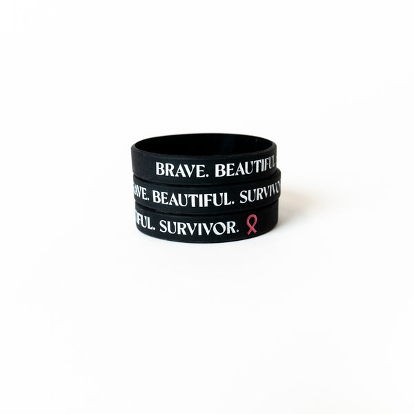 Brave Beautiful Survivor Pink Ribbon Silicone Bracelet - Black - NBCF