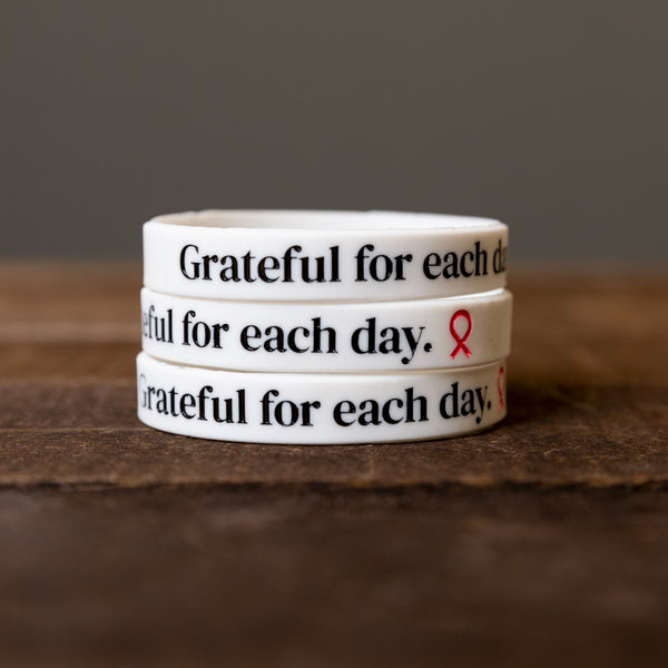 Grateful For Each Day Pink Ribbon Silicone Bracelet - White - NBCF