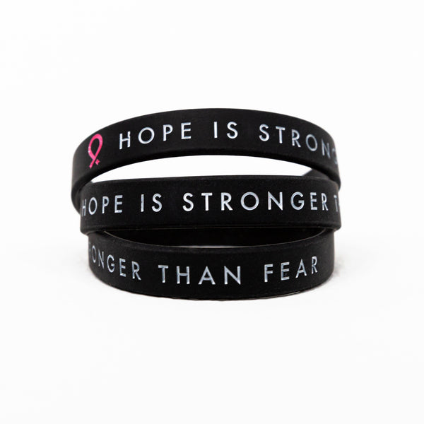 Hope Is Stronger Than Fear Pink Ribbon Silicone Bracelet - Black - NBCF