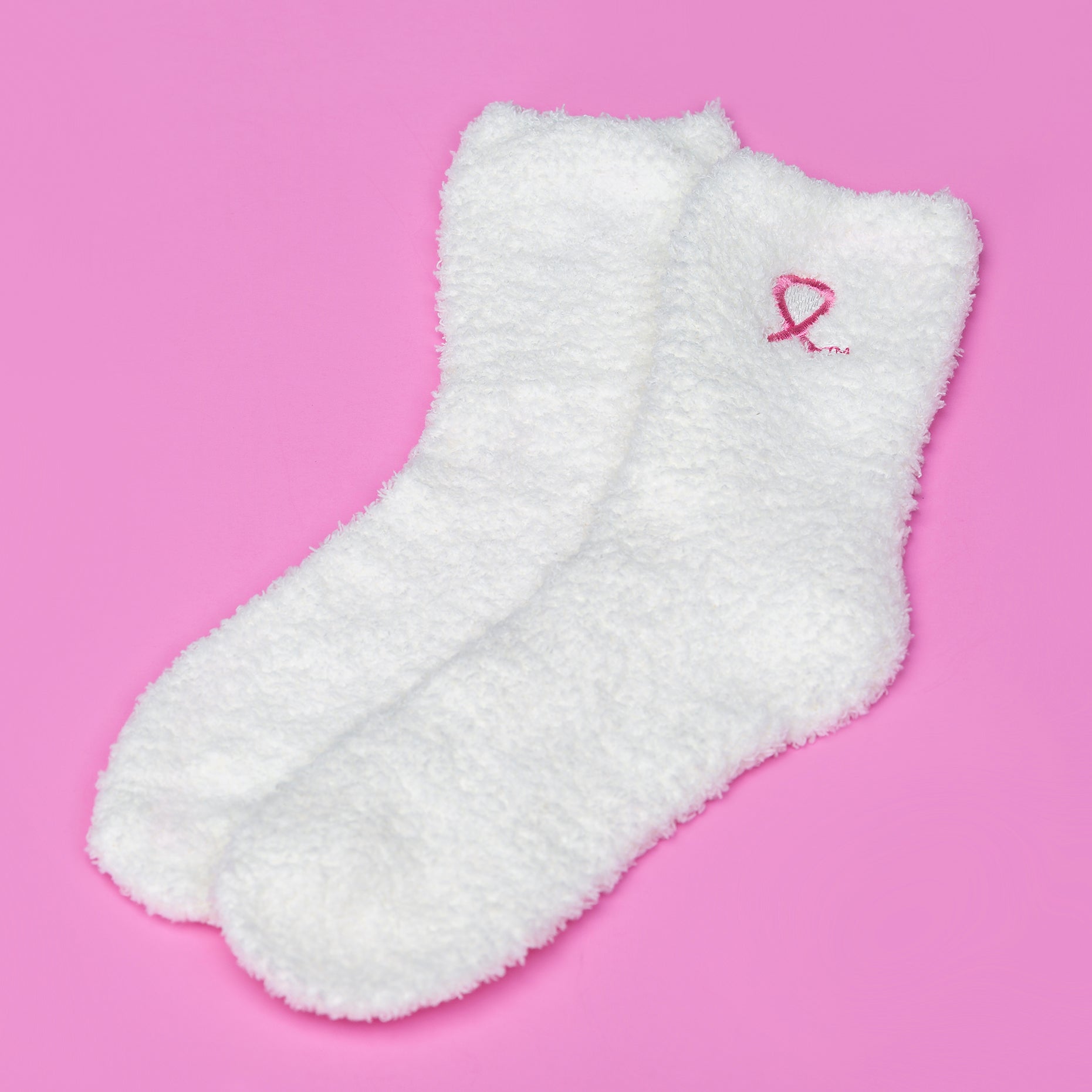 Pink Ribbon Breast Cancer Awareness Fuzzy Socks - White - NBCF