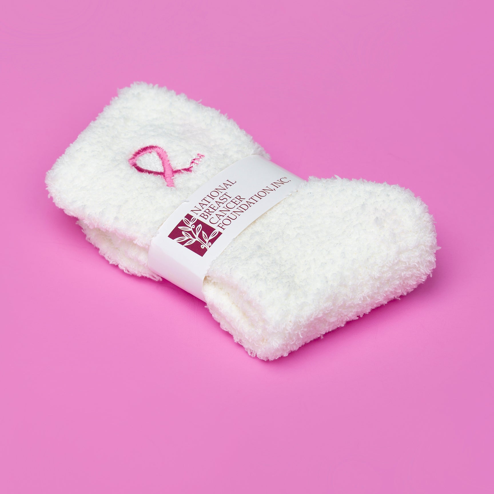 Pink Ribbon Breast Cancer Awareness Fuzzy Socks - White - NBCF