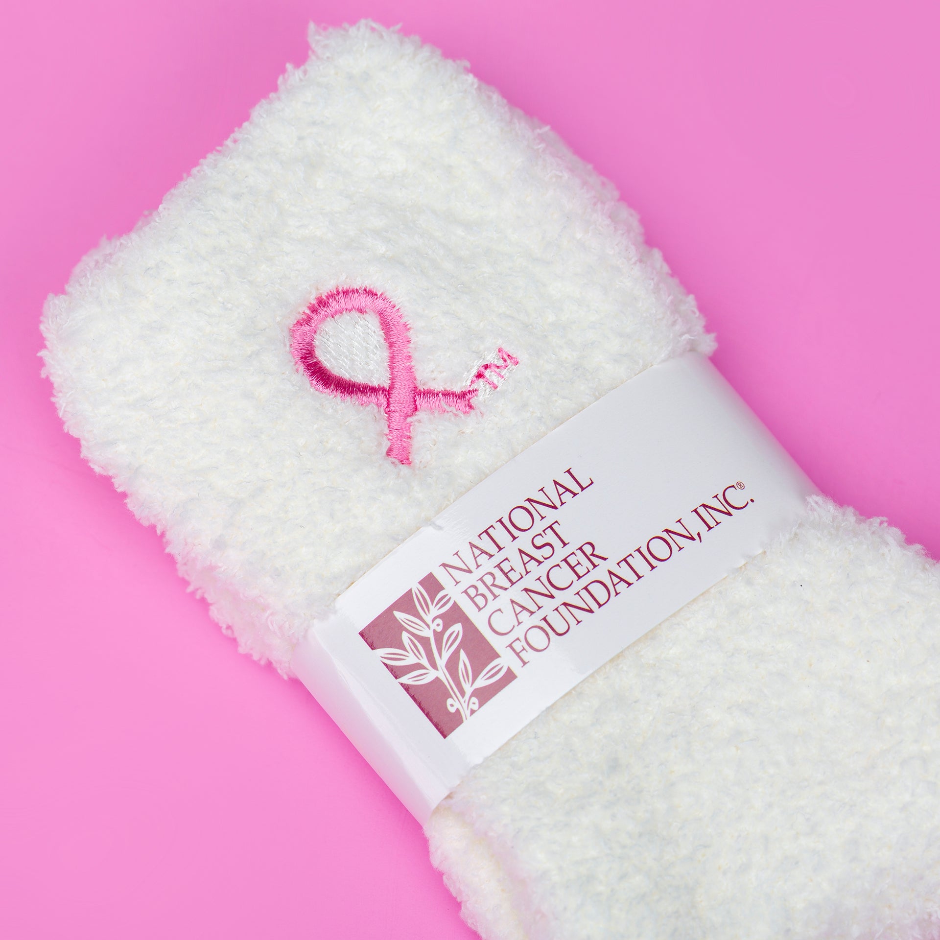 Pink Ribbon Breast Cancer Awareness Fuzzy Socks - White - NBCF