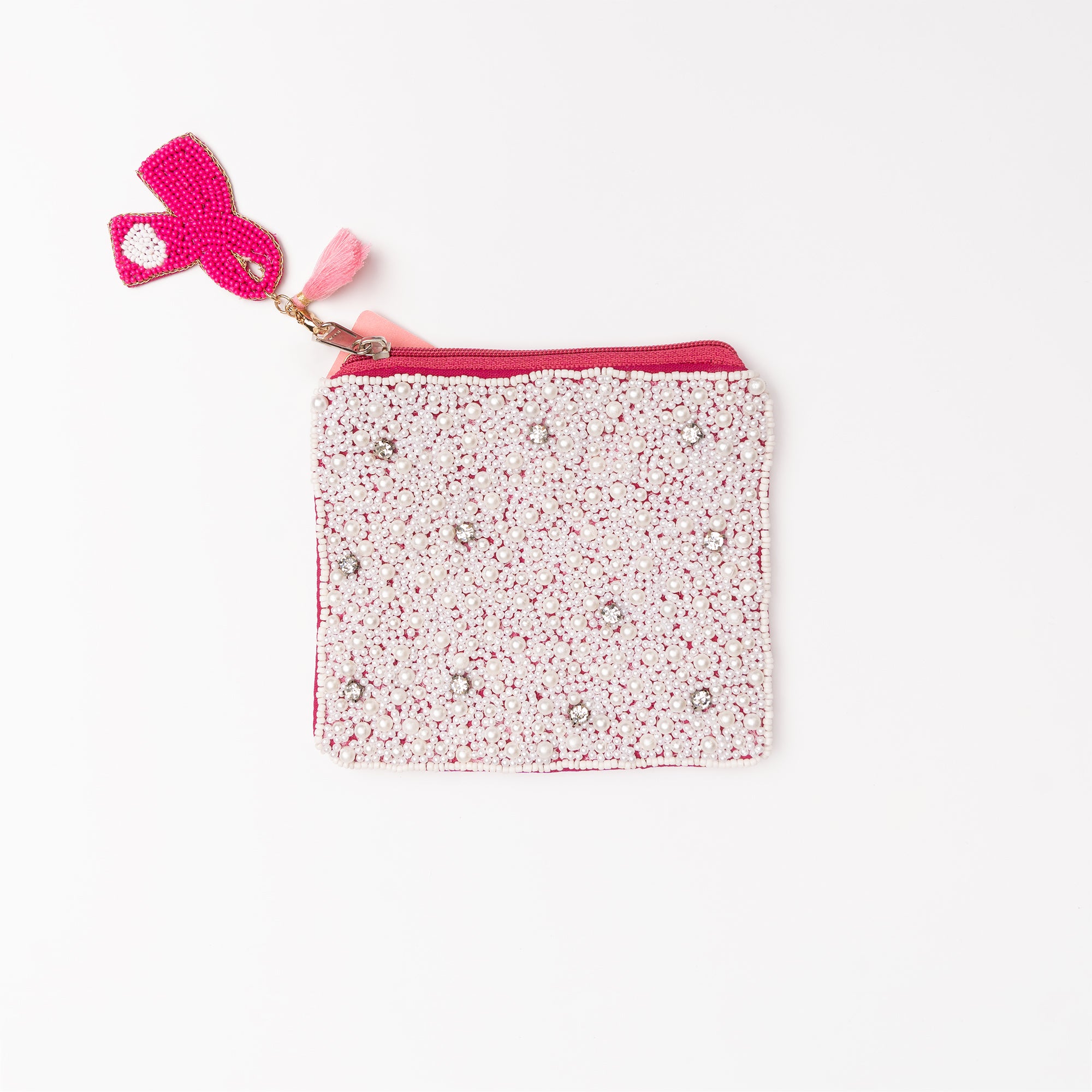 Pink Ribbon Tassel Sequin Zipper Pouch - White - NBCF