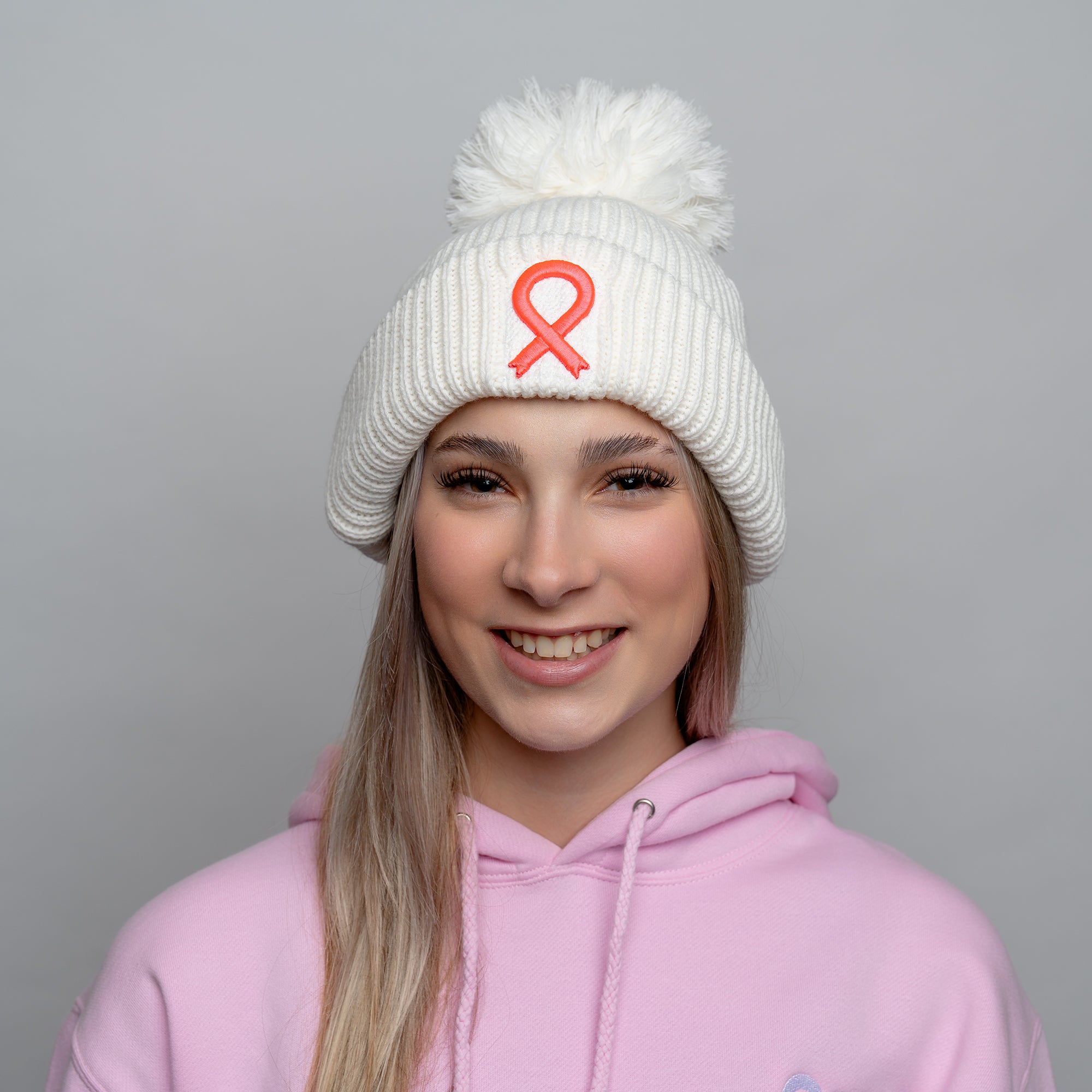 Pink Ribbon White Pom Beanie