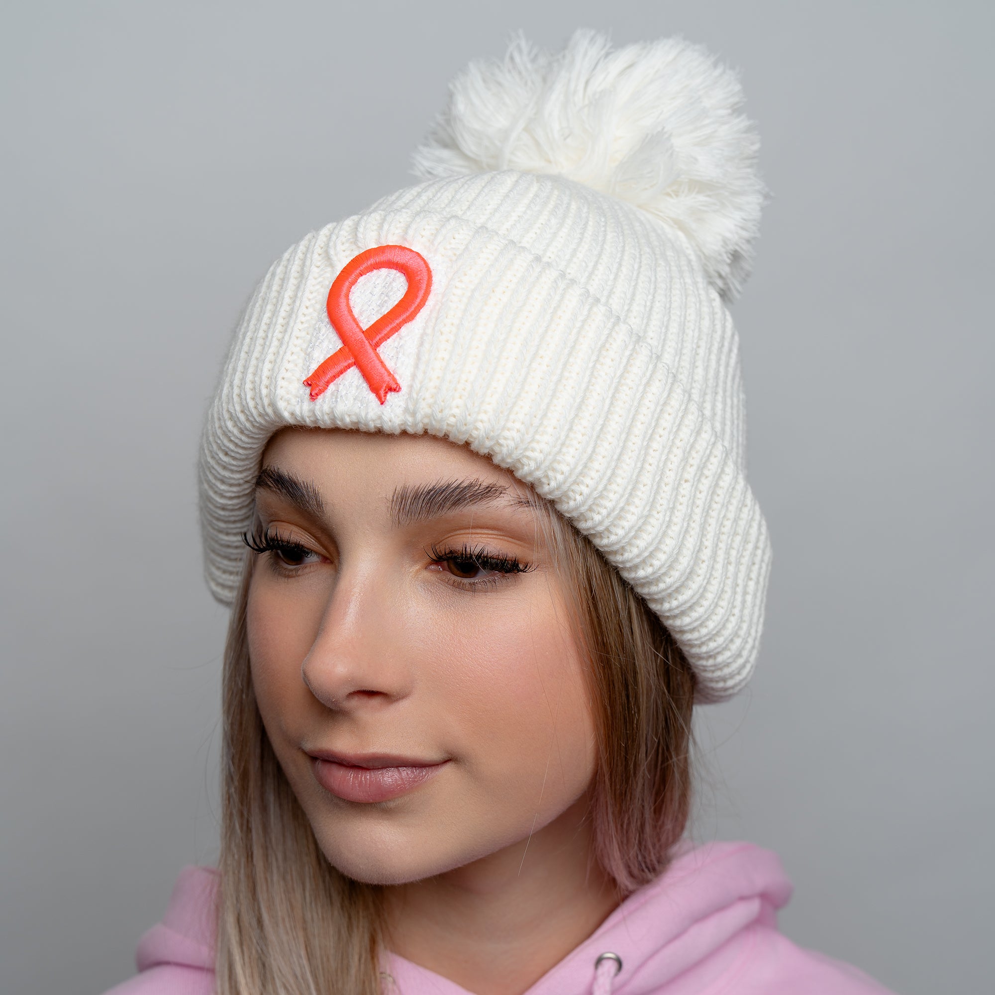 Pink Ribbon White Pom Beanie