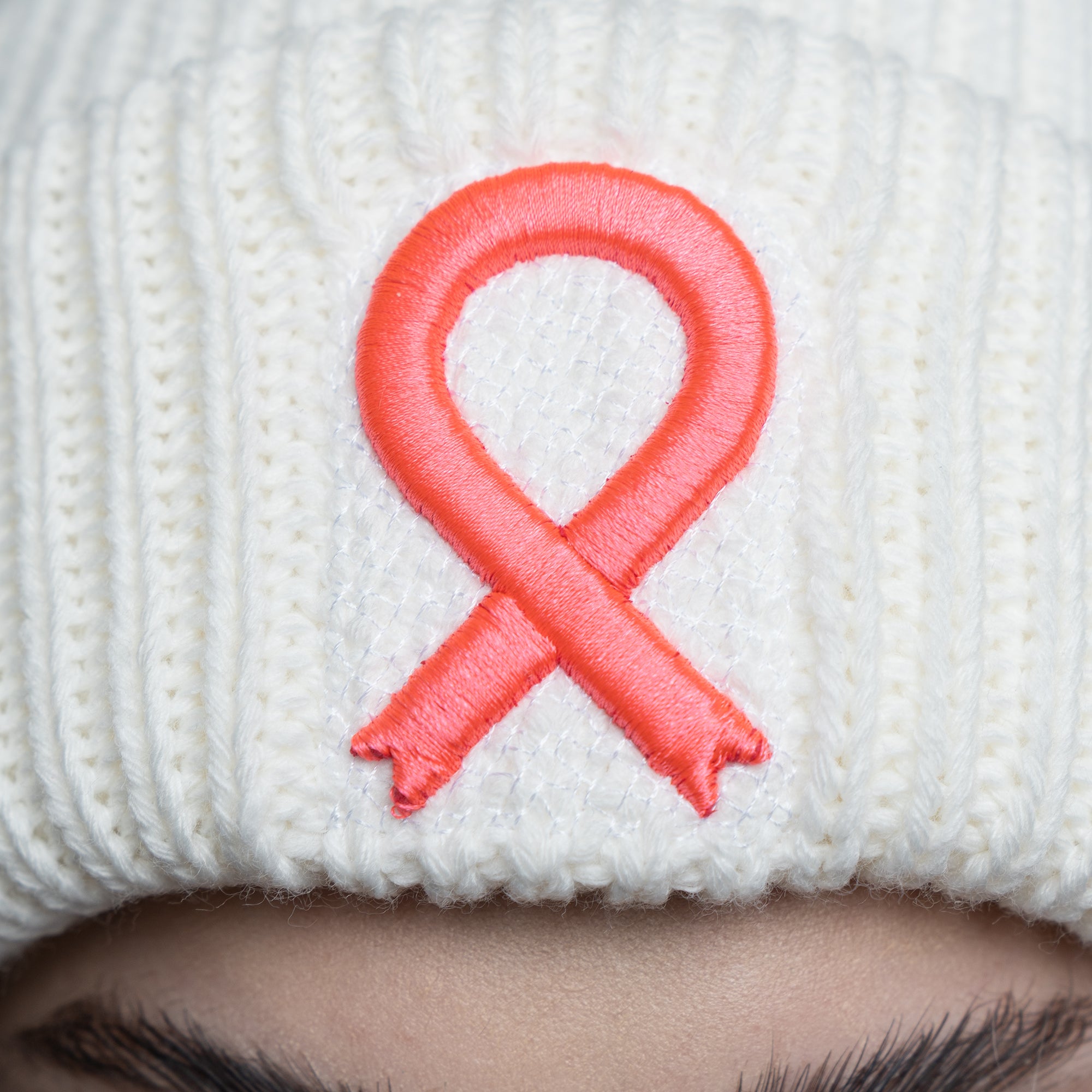 Pink Ribbon White Pom Beanie
