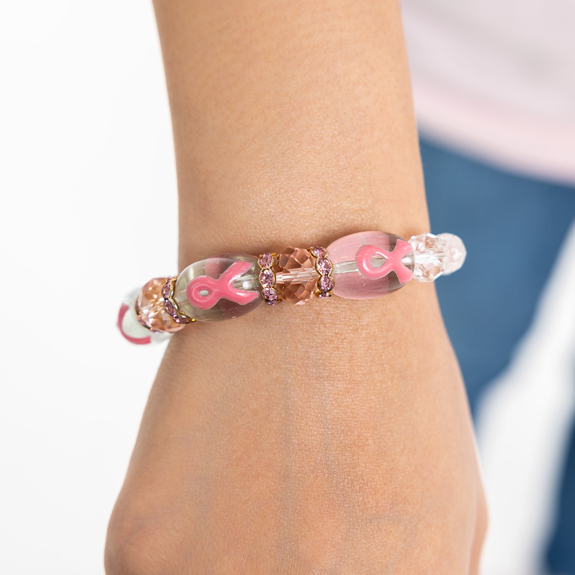 Pink Ribbon Glass Beaded Bracelet- NBCF