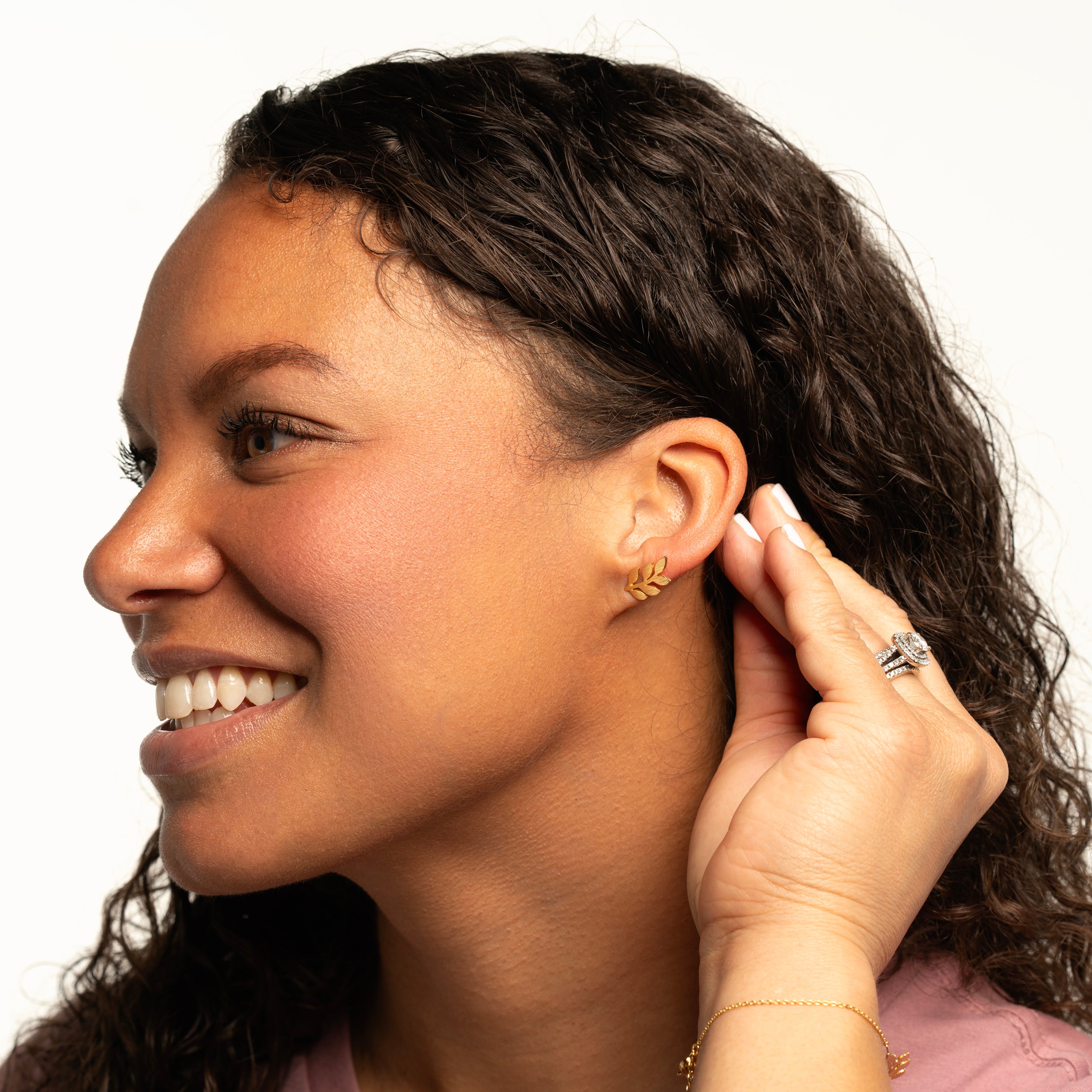 Breast Cancer Awareness Leaf Stud Earrings - Gold - NBCF