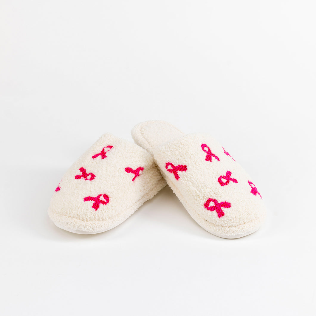 Pink Ribbon Fuzzy Slippers - White - NBCF