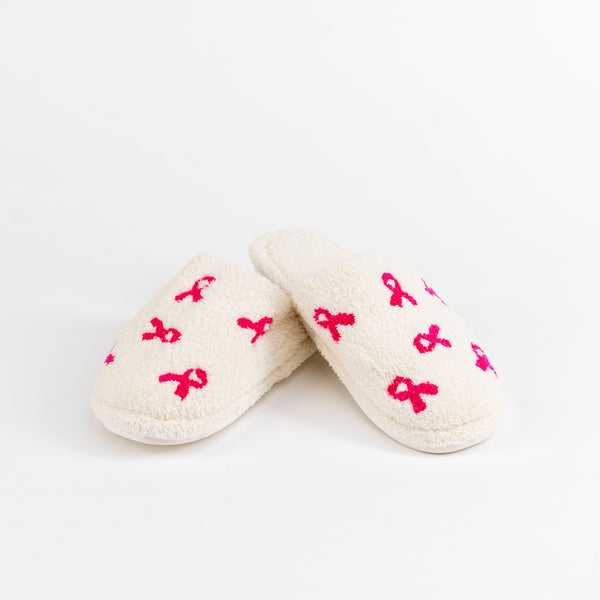 Pink Ribbon Fuzzy Slippers - White - NBCF