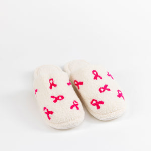 Pink Ribbon Fuzzy Slippers - White - NBCF