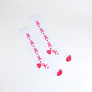Breast Cancer Awareness Pink Ribbon Heart Knee High Socks - Pink - NBCF