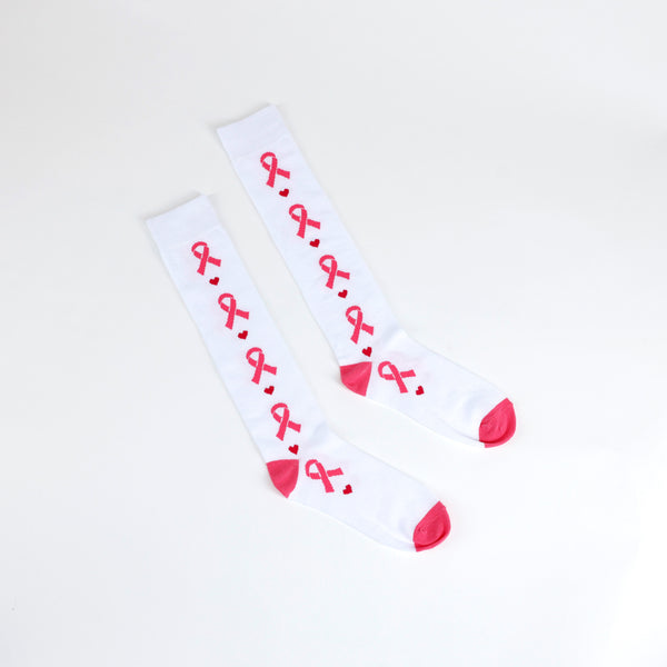 Breast Cancer Awareness Pink Ribbon Heart Knee High Socks - Pink - NBCF