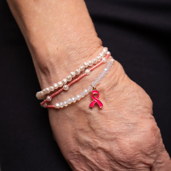 Pink Ribbon Stretch Beaded Bracelets - Pink & Pearl - Set of 3 - NBCF