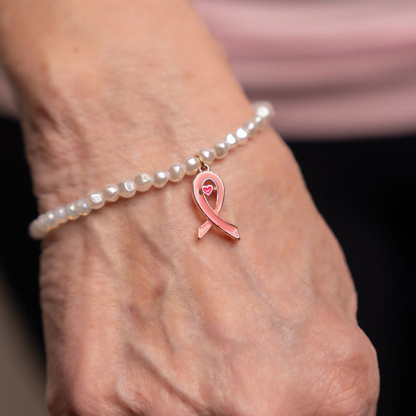 Pink Ribbon Stretch Beaded Bracelet - Pearl & Iridescent - NBCF