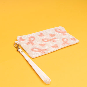 Pink Ribbon Sequin Zipper Pouch - White - NBCF