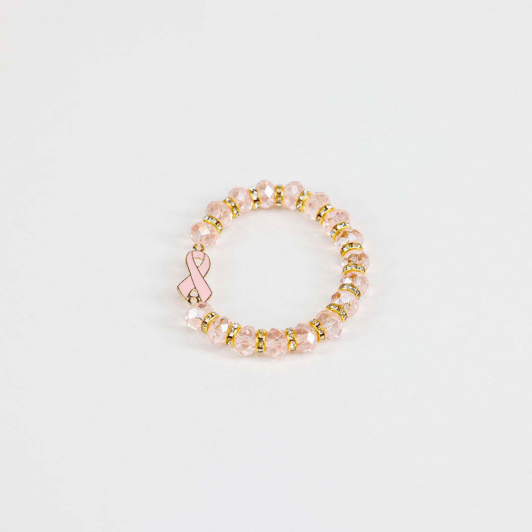 Pink Ribbon Faceted Beaded Stretch Bracelet - NBCF