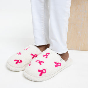 Pink Ribbon Fuzzy Slippers - White - NBCF