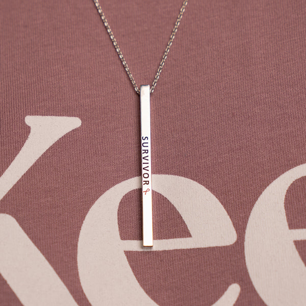 Survivor Pink Ribbon Engraved Bar Necklace - NBCF