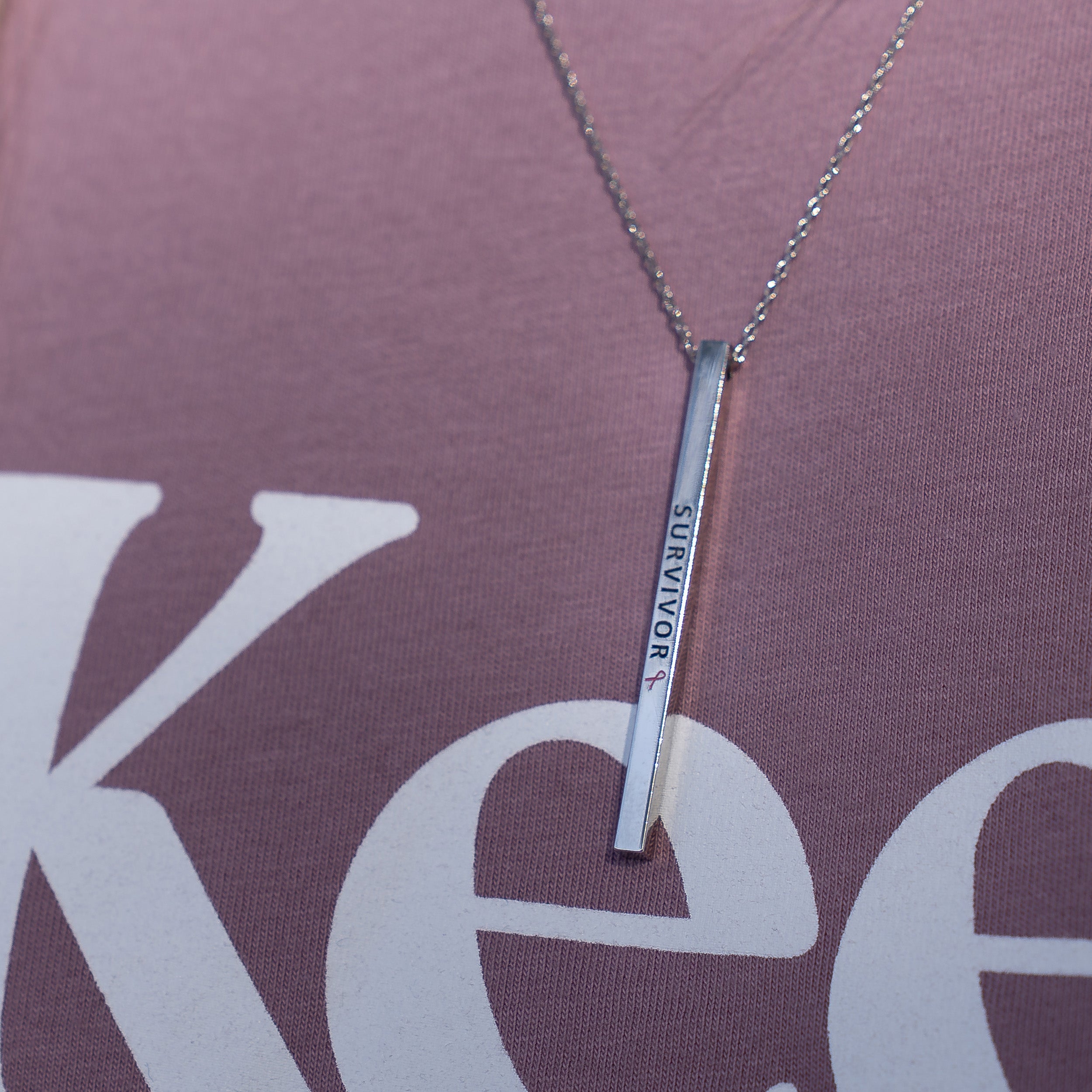 Survivor Pink Ribbon Engraved Bar Necklace - NBCF