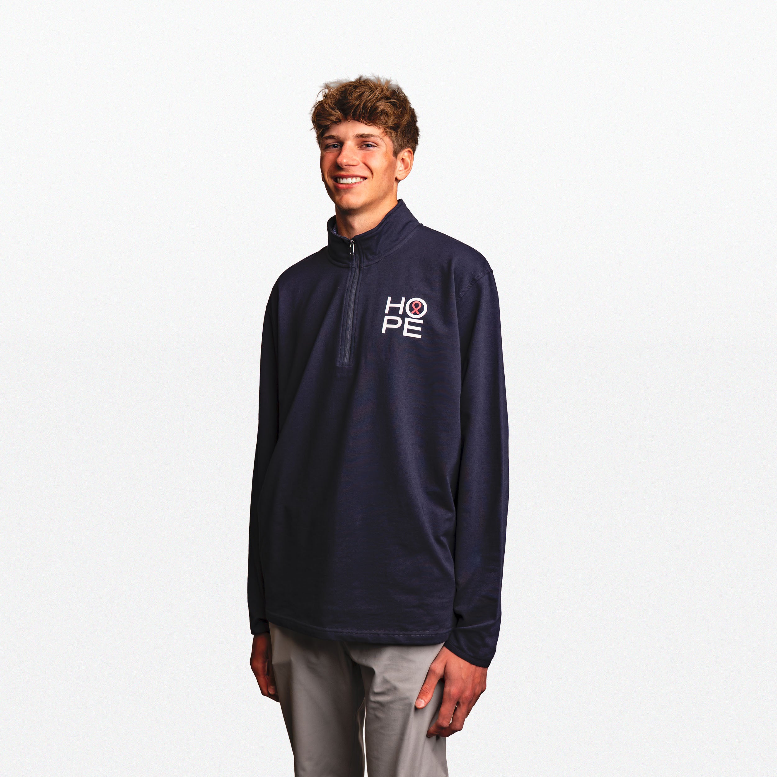 HOPE Breast Cancer Awareness Quarter Zip Pullover- Unisex - Navy - NBCF