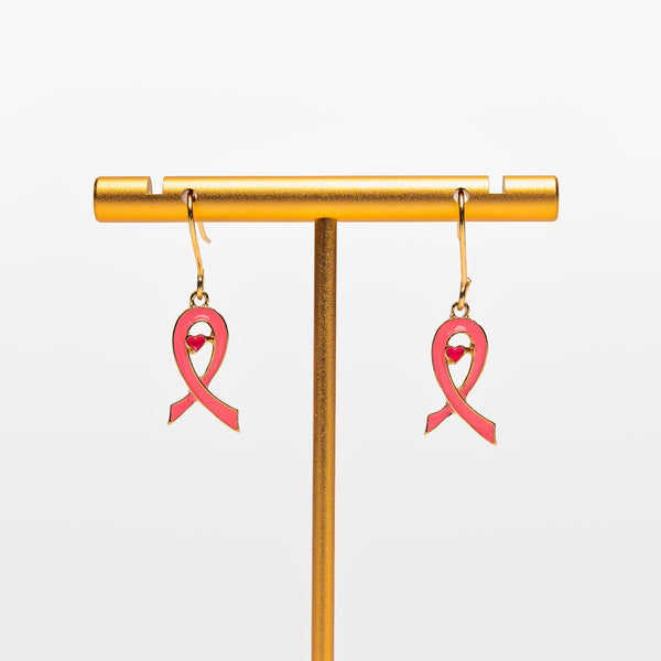 Pink Ribbon Heart Earrings - Gold - NBCF