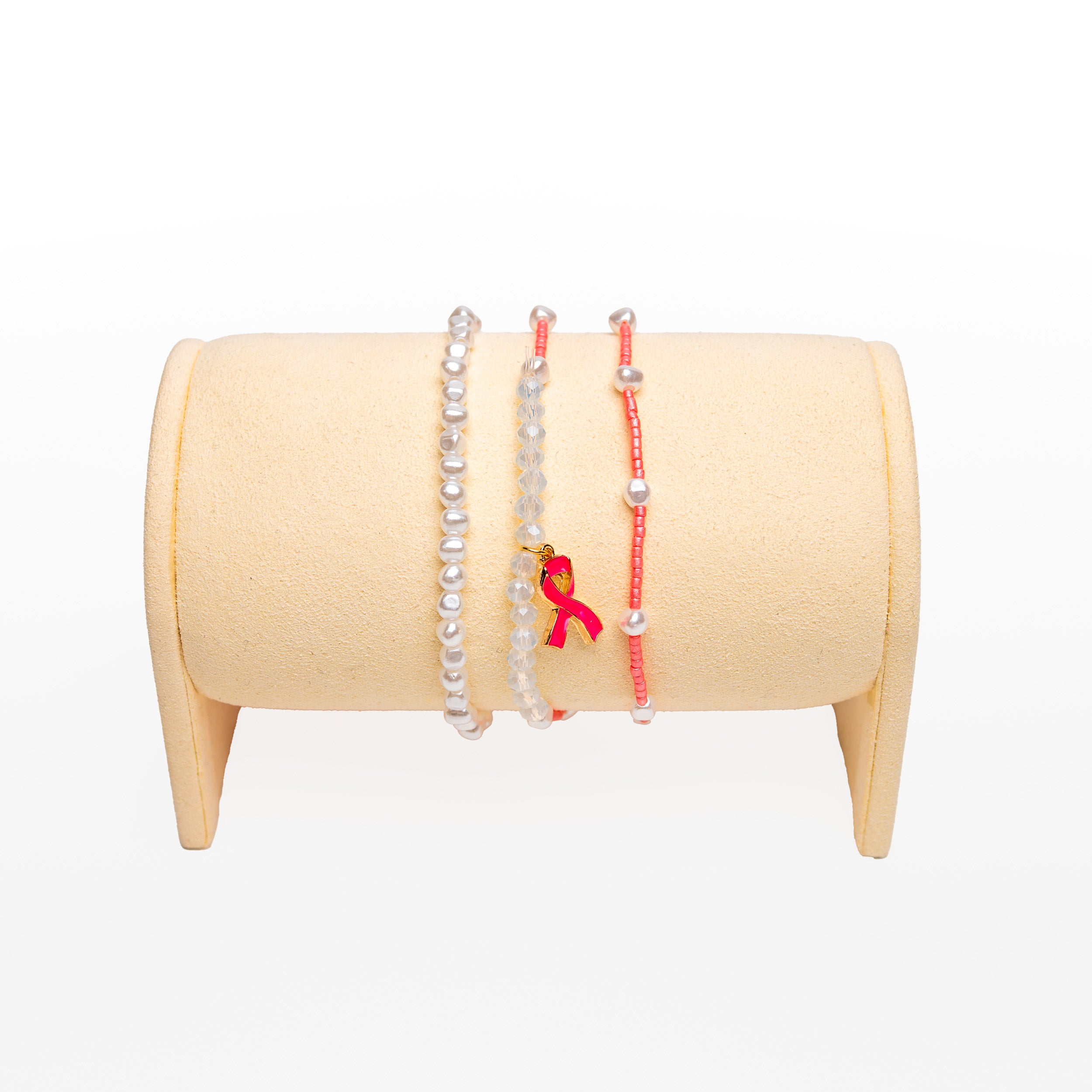 Pink Ribbon Stretch Beaded Bracelets - Pink & Pearl - Set of 3 - NBCF