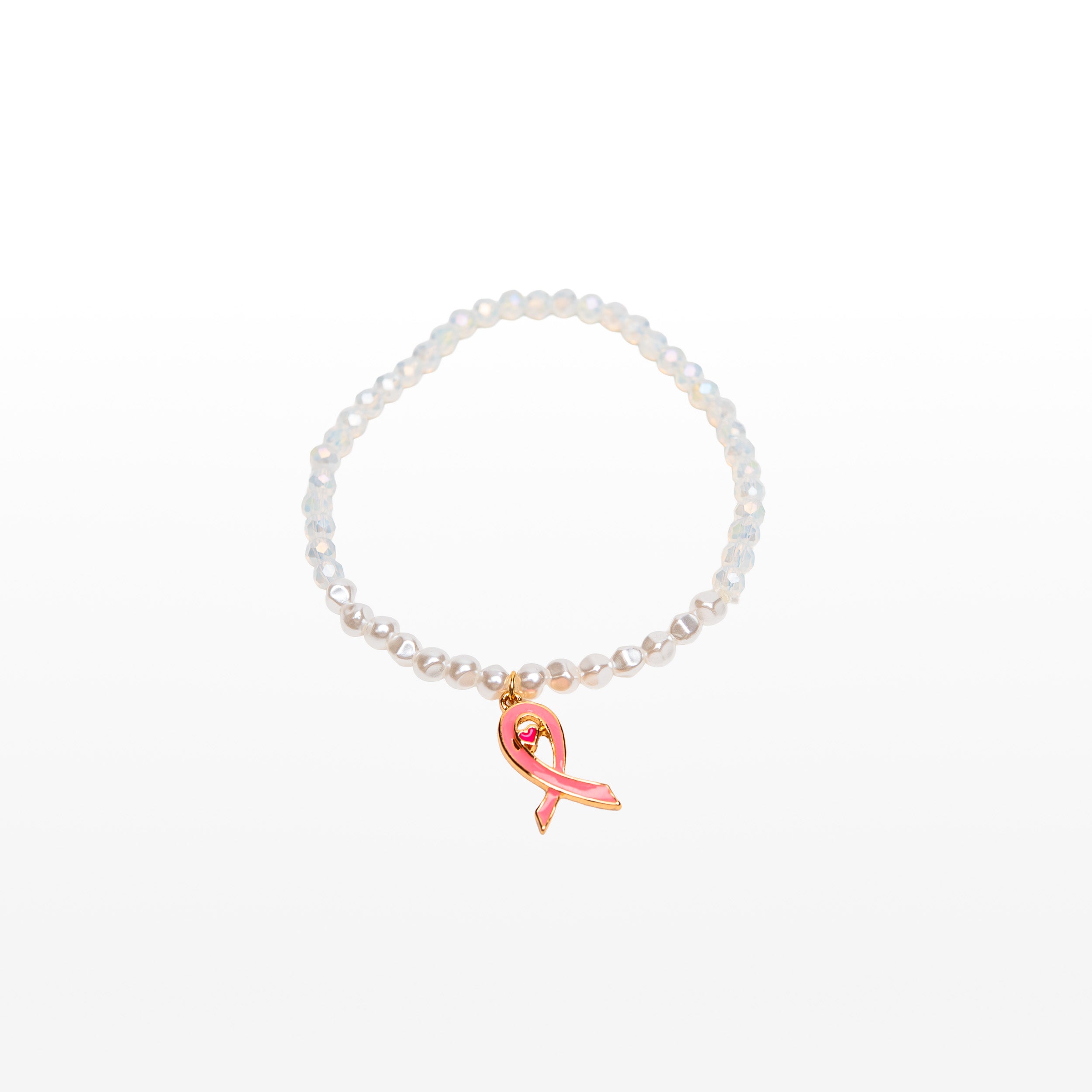 Pink Ribbon Stretch Beaded Bracelet - Pearl & Iridescent - NBCF