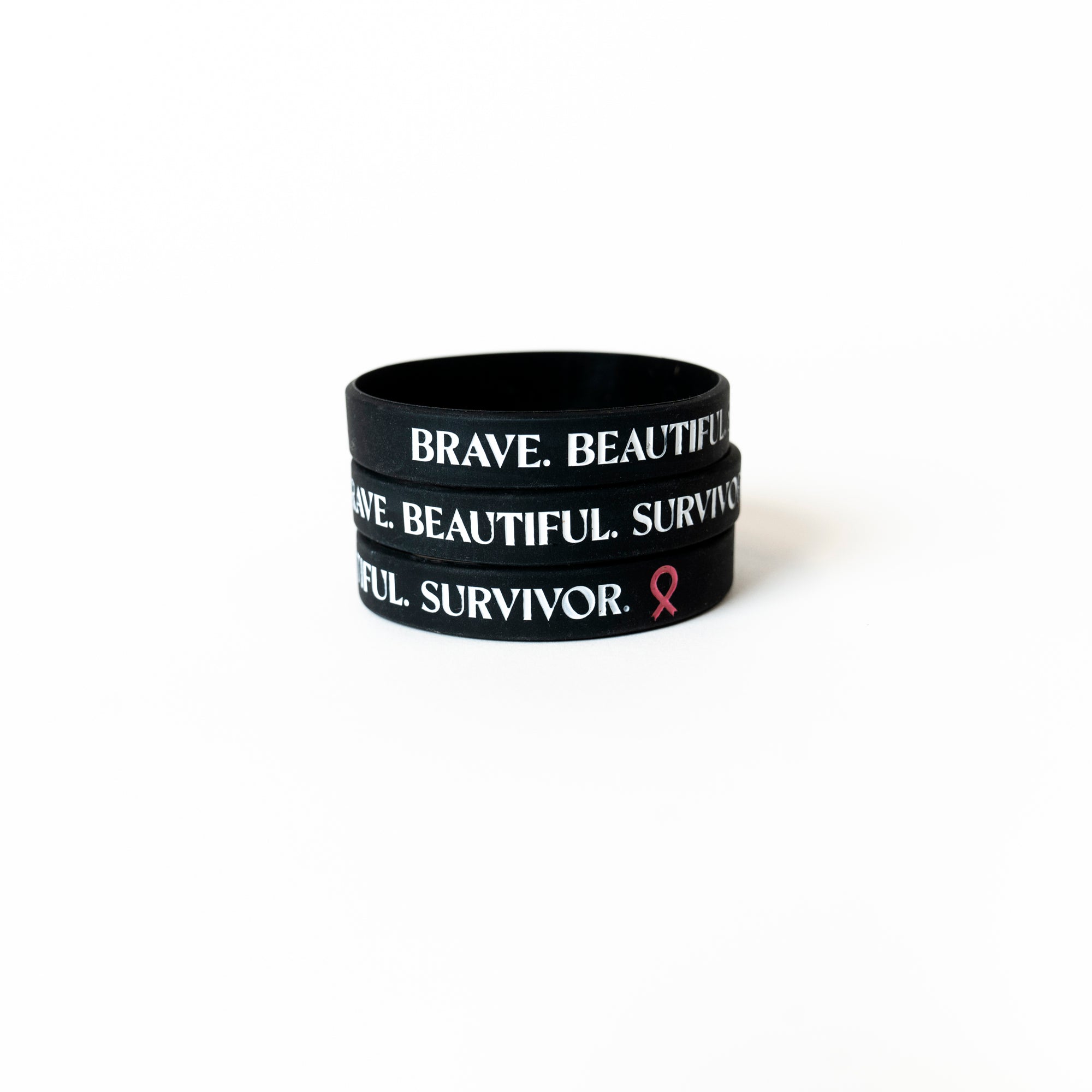 Brave Beautiful Survivor Pink Ribbon Silicone Bracelet - Black - NBCF