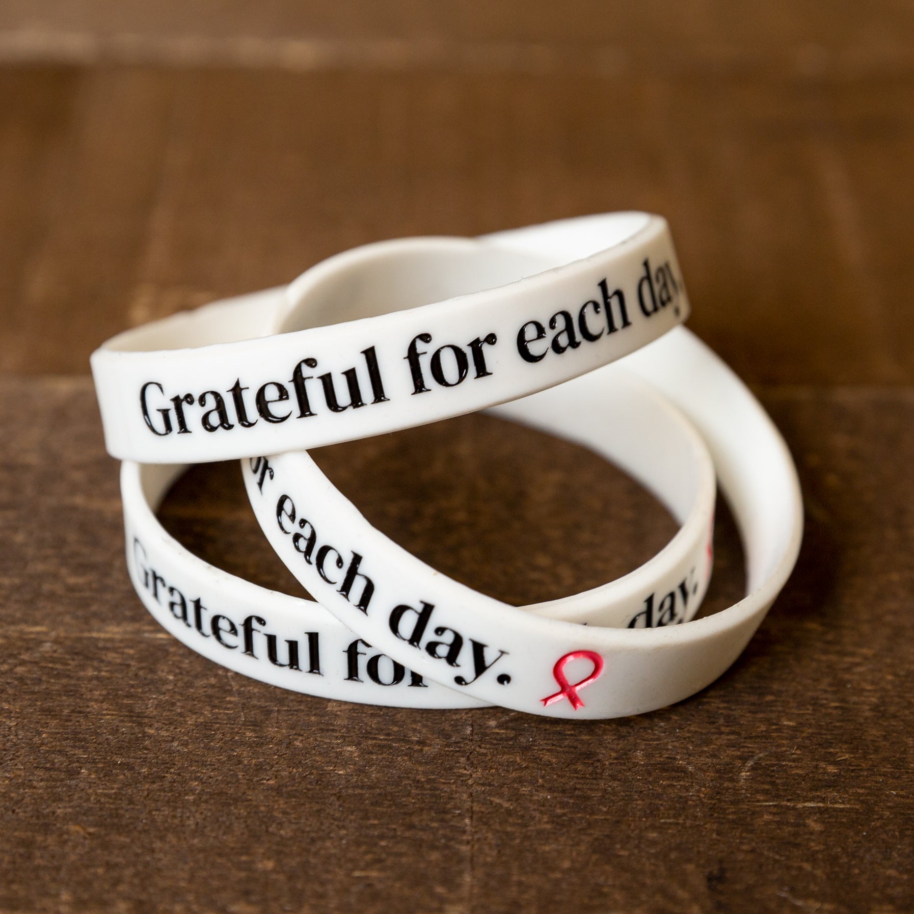 Grateful For Each Day Pink Ribbon Silicone Bracelet - White - NBCF