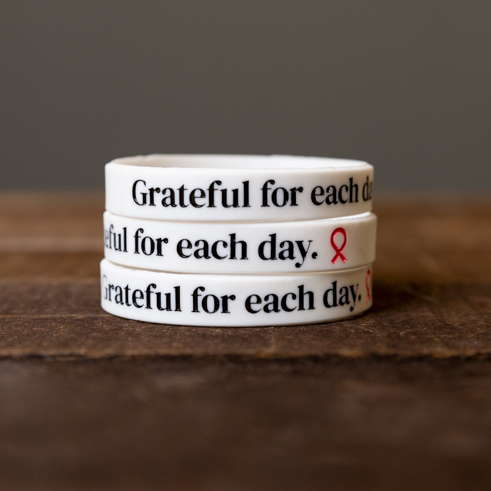 Grateful For Each Day Pink Ribbon Silicone Bracelet - White - NBCF
