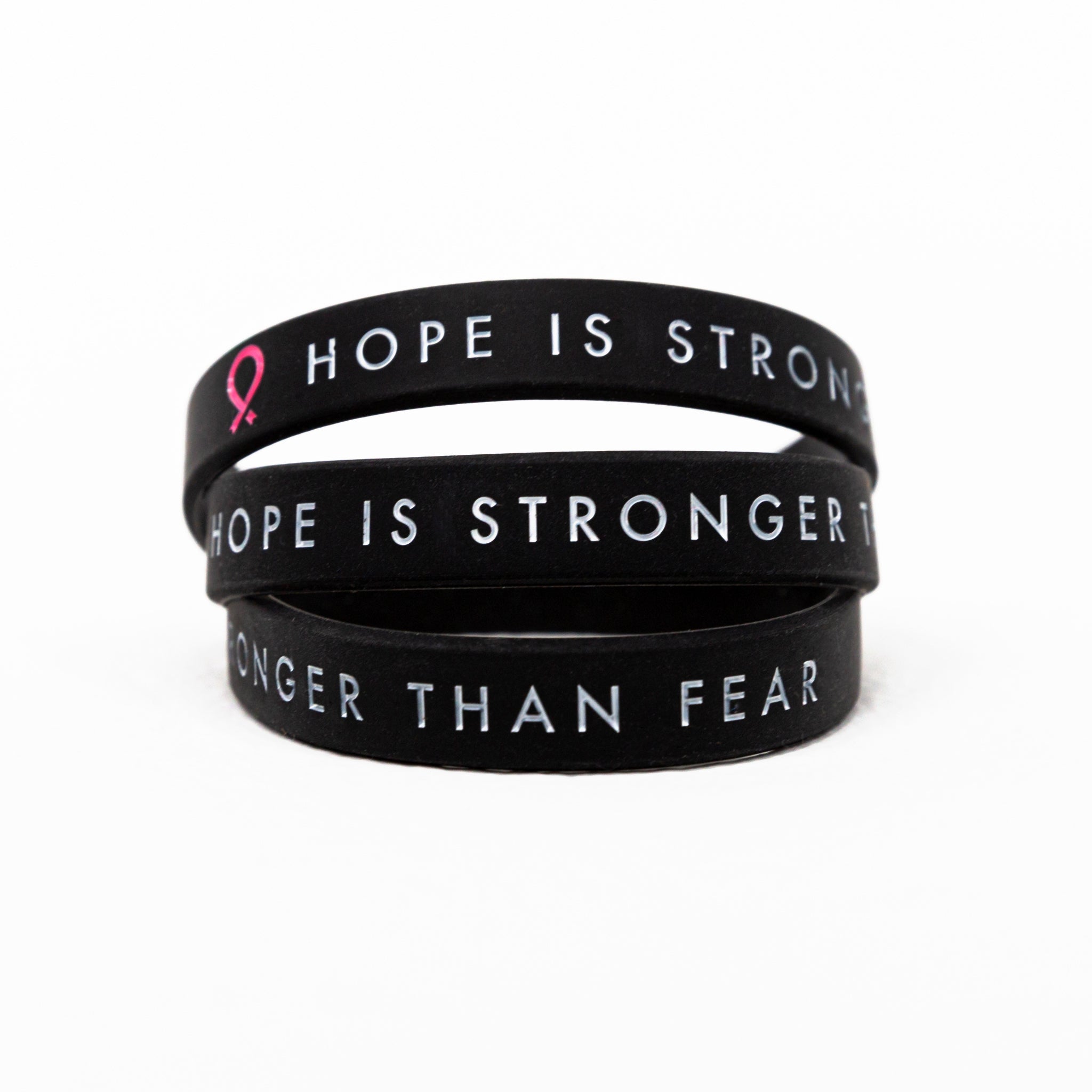Hope Is Stronger Than Fear Pink Ribbon Silicone Bracelet - Black - NBCF