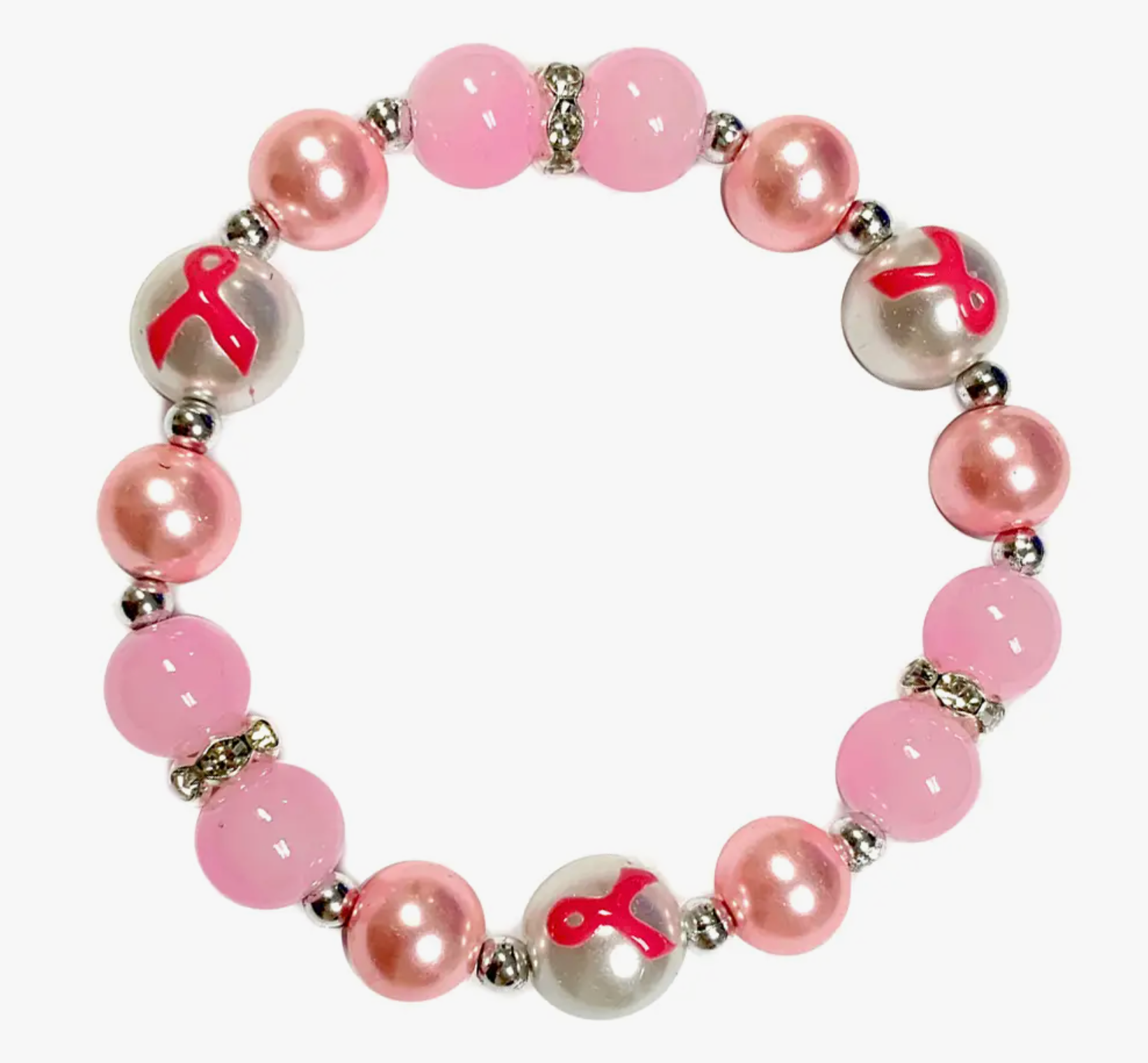 Pink Ribbon Pearl Beaded Bracelet Pink & White