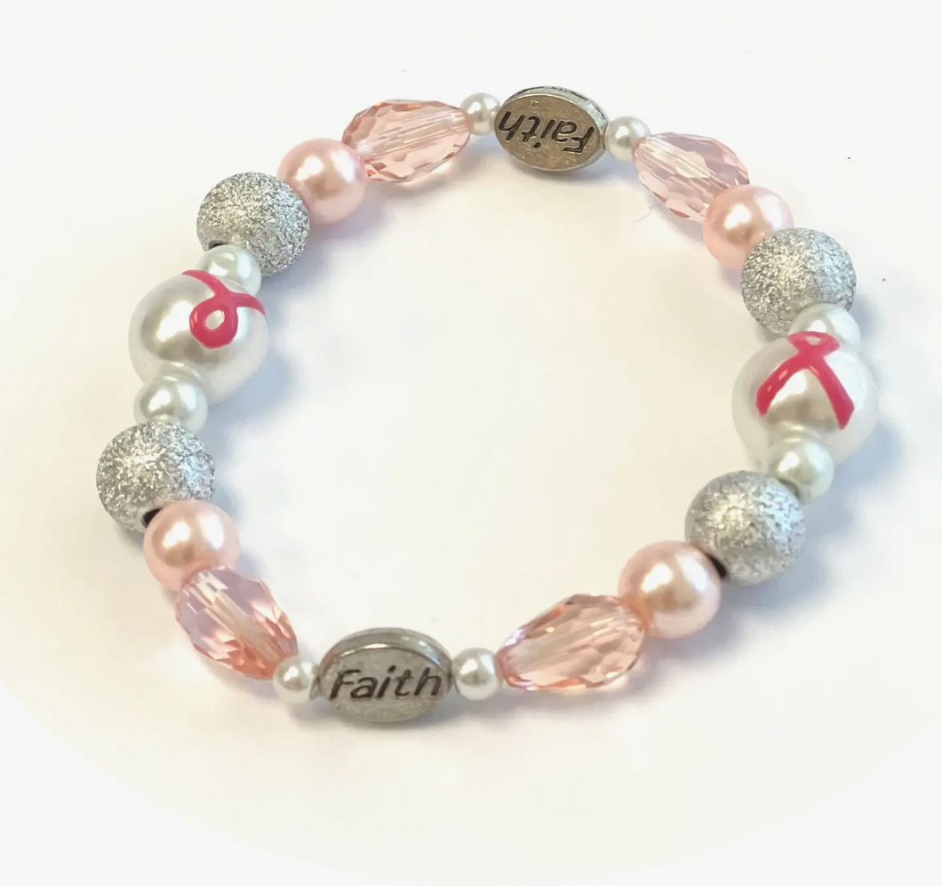 Pink Ribbon Pearl Beaded Bracelet