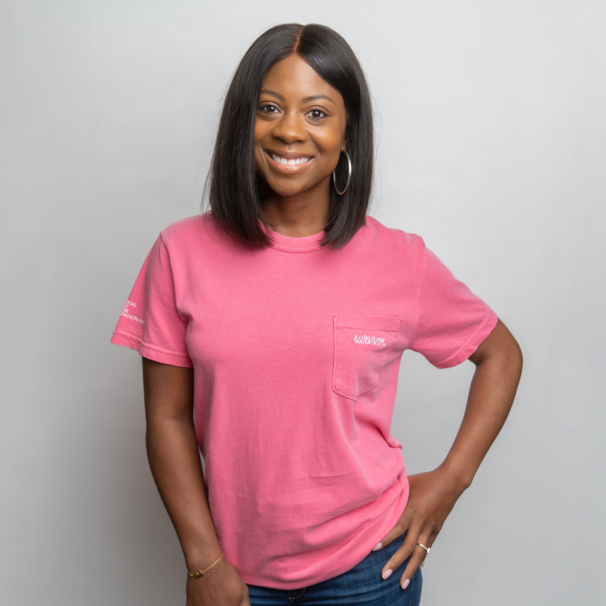 Breast Cancer Survivor Embroidered Pocket T-Shirt - Pink - NBCF
