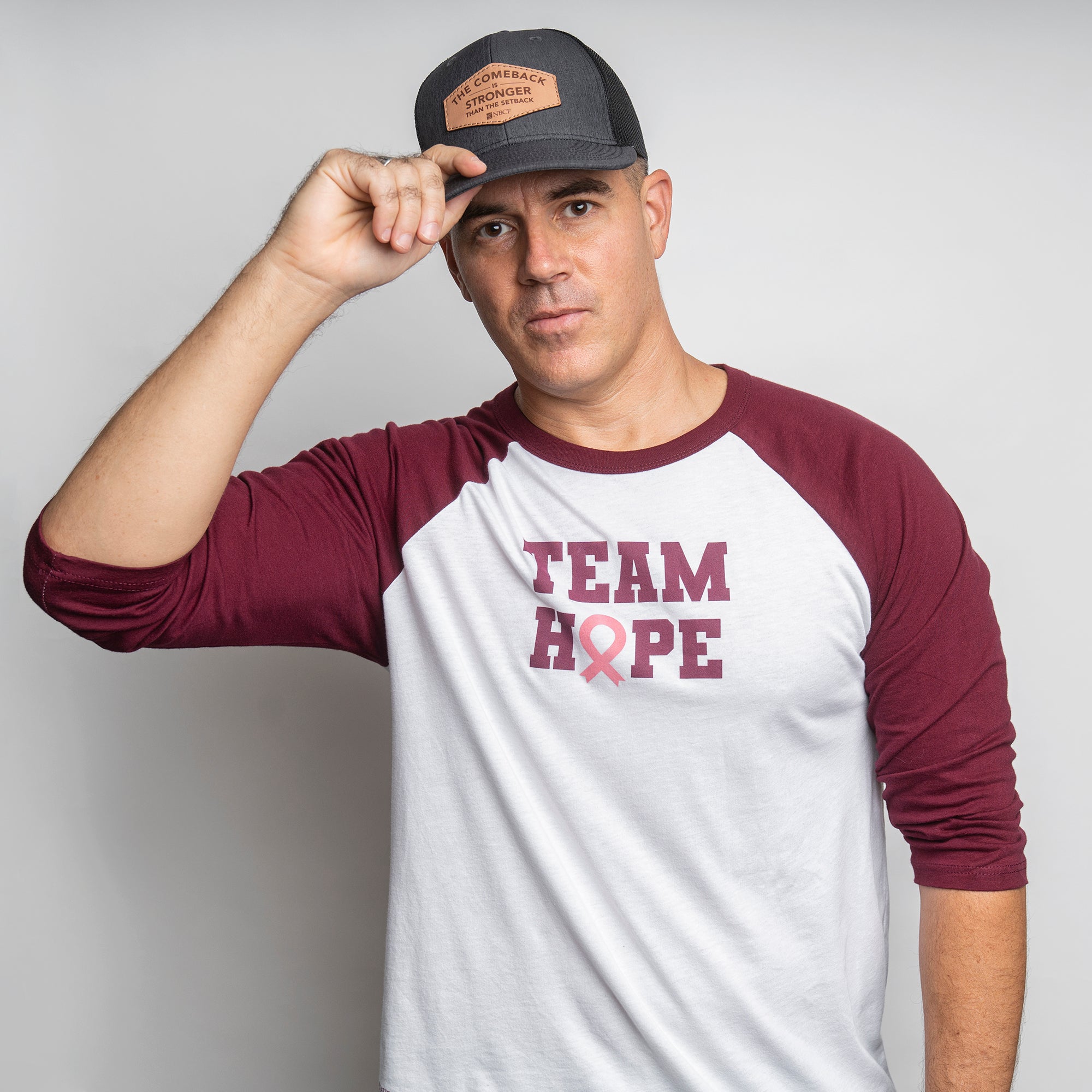 Team HOPE Pink Ribbon Raglan Baseball T-Shirt - White - Stacked Font - NBCF