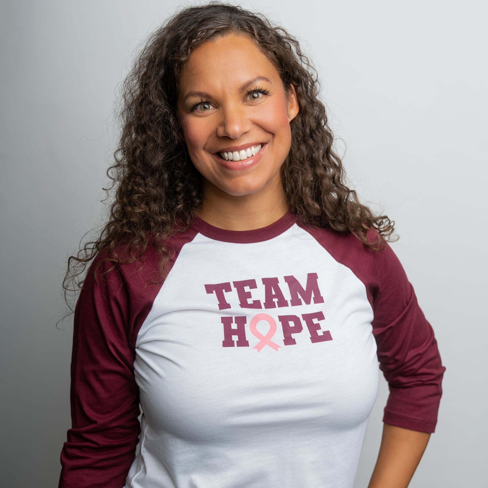 Team HOPE Pink Ribbon Raglan Baseball T-Shirt - White - Stacked Font - NBCF