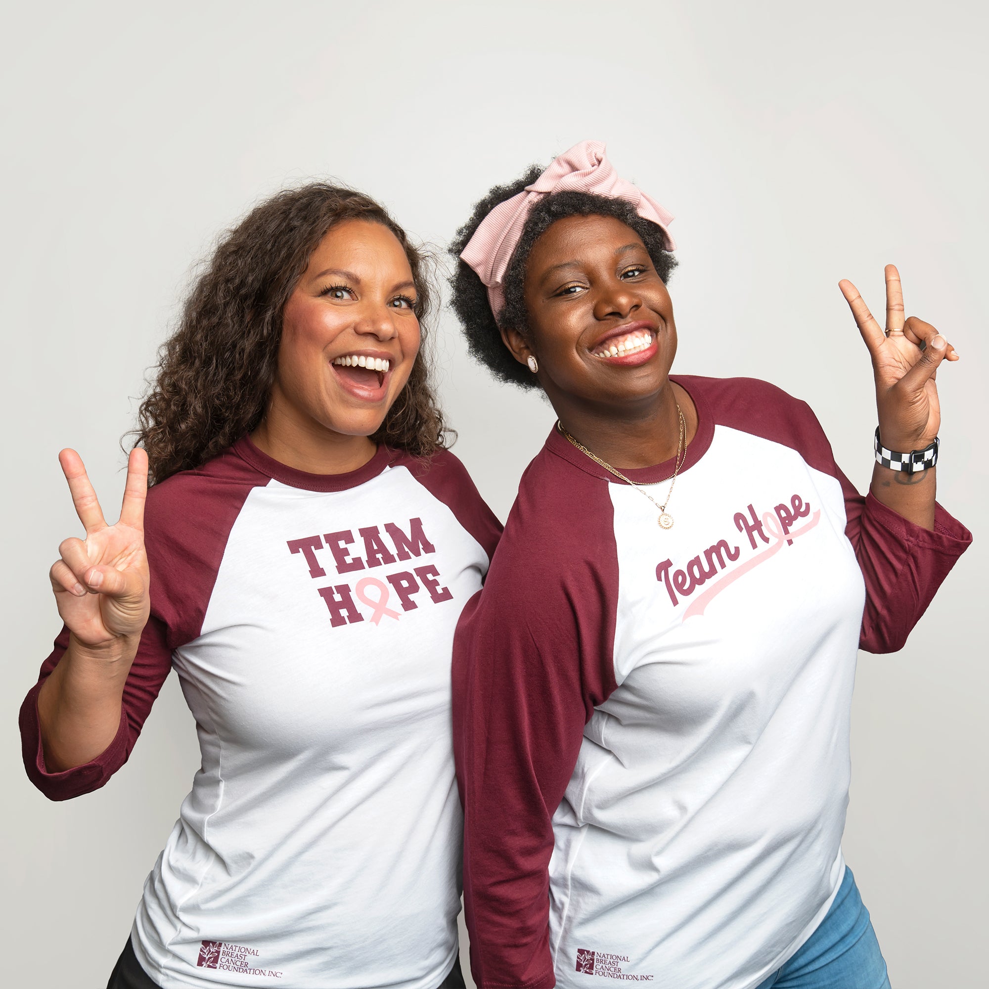 Team HOPE Pink Ribbon Raglan Baseball T-Shirt - White - Stacked Font - NBCF